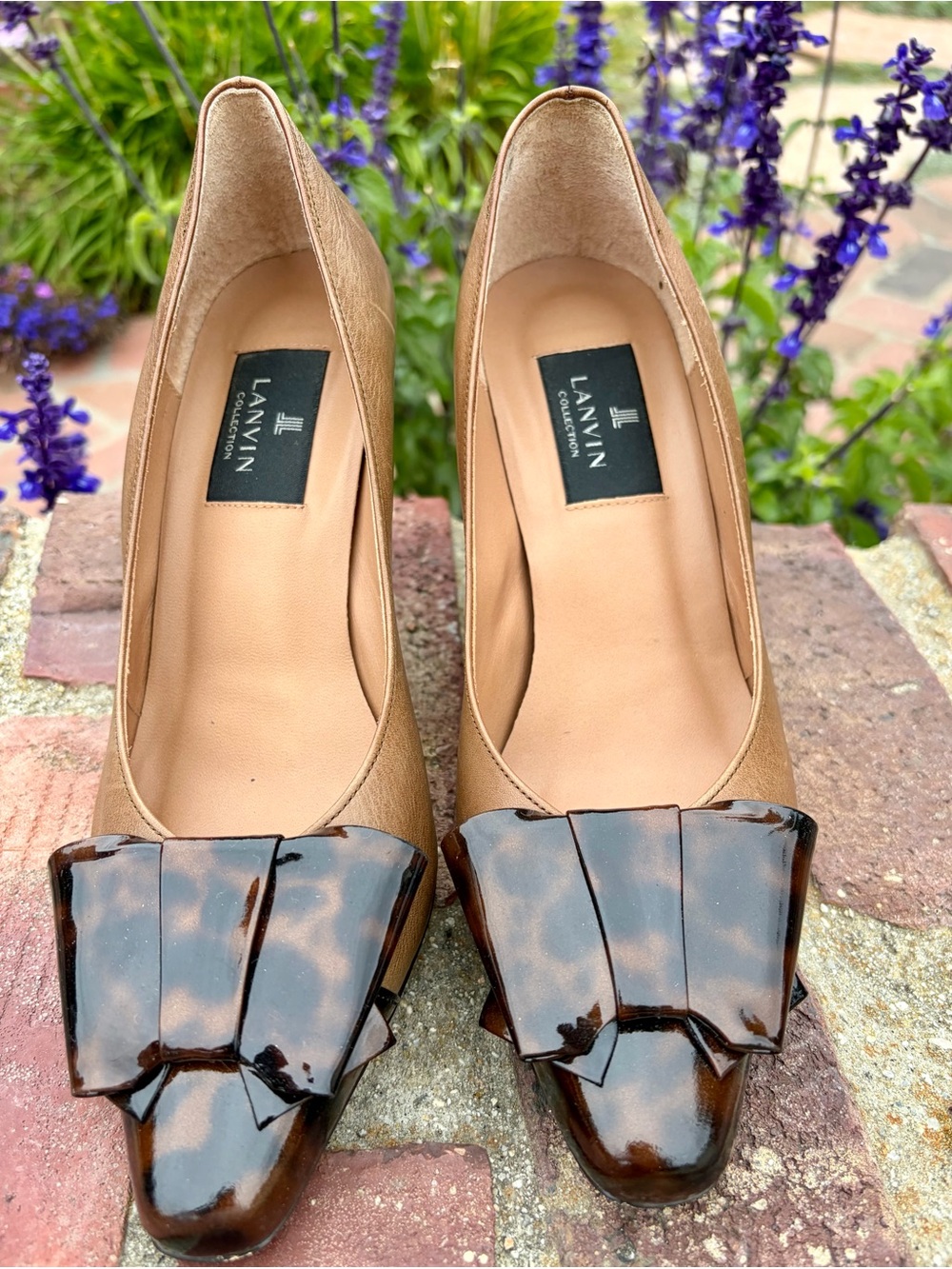 Lanvin Leather & Tortoise Shell Pumps Cute Bows on Toes